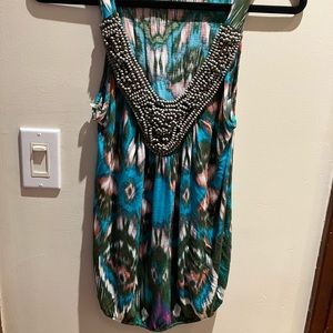 Patterned tank with beaded neckline